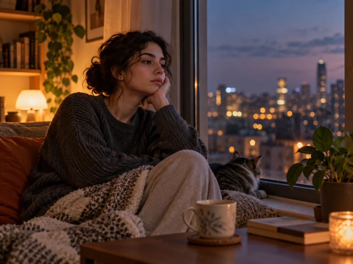 زن جوان کنار پنجره در غروب با حالت بی‌انگیزگی و کاهش علاقه به فعالیت‌های معمول