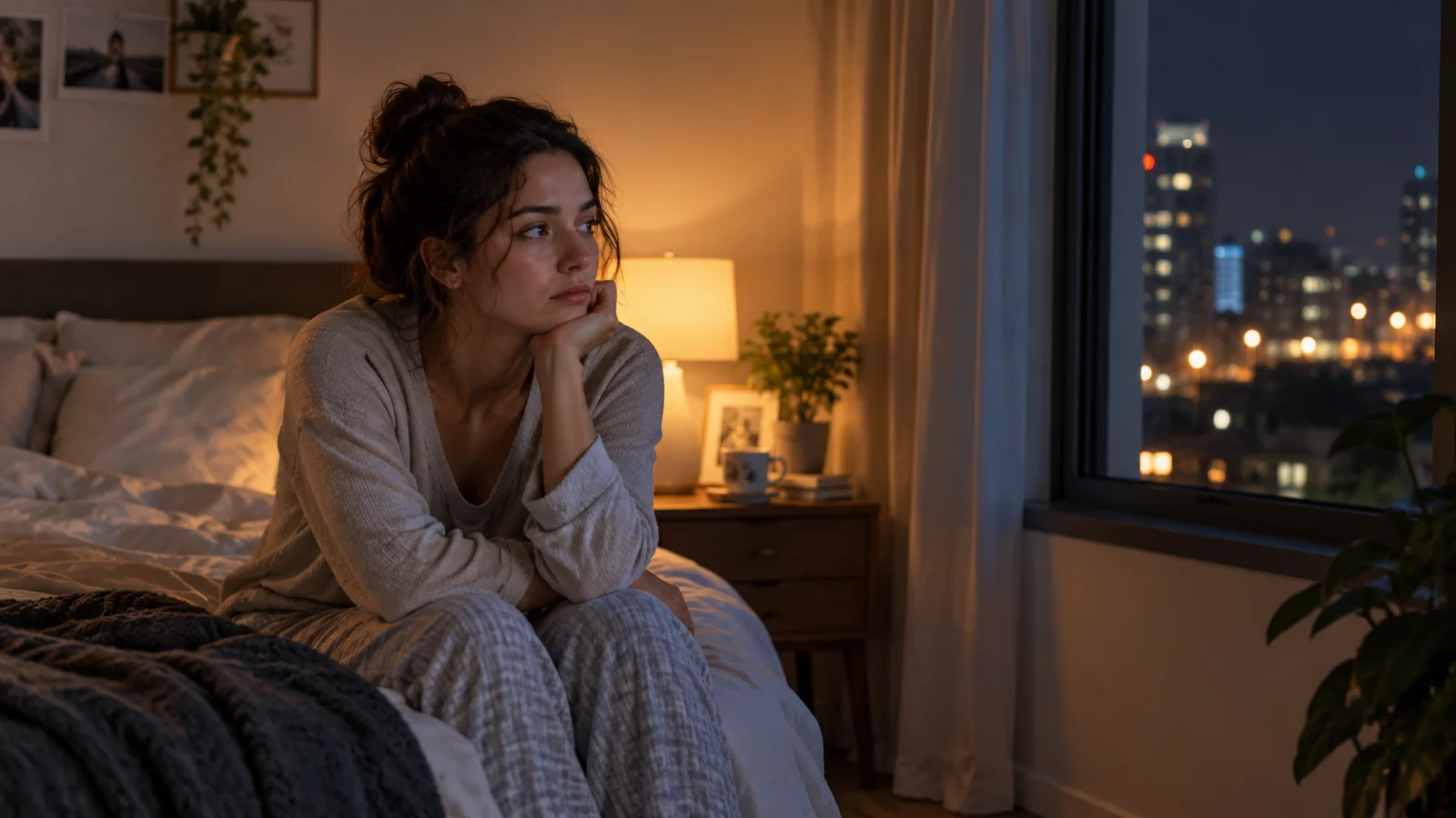 زن جوان نشسته روی تخت کنار پنجره در شب، در حال فکر کردن و تجربه اضطراب شبانه