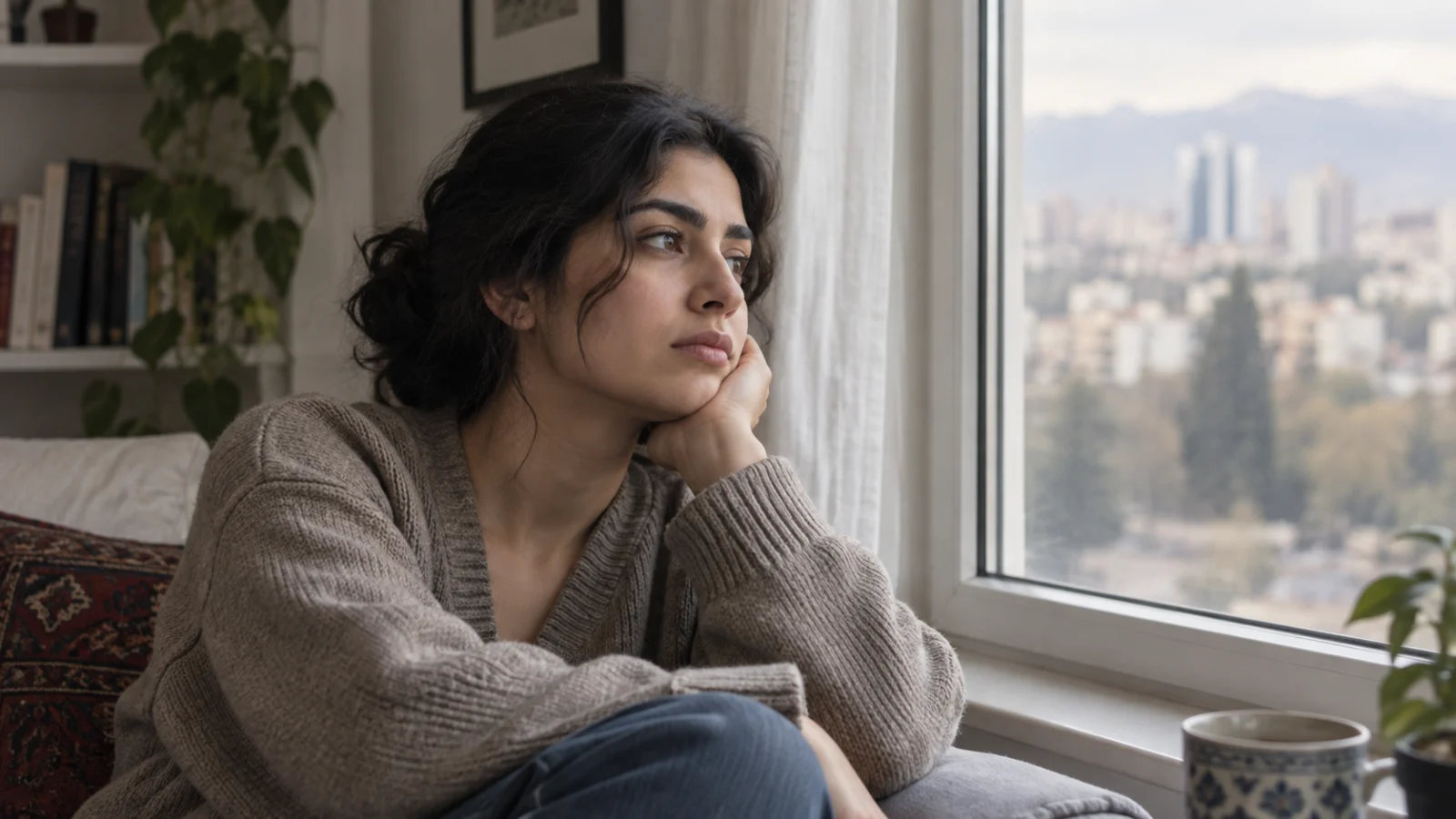زن جوان کنار پنجره در حال فکر کردن عمیق و درگیر افکار تکراری