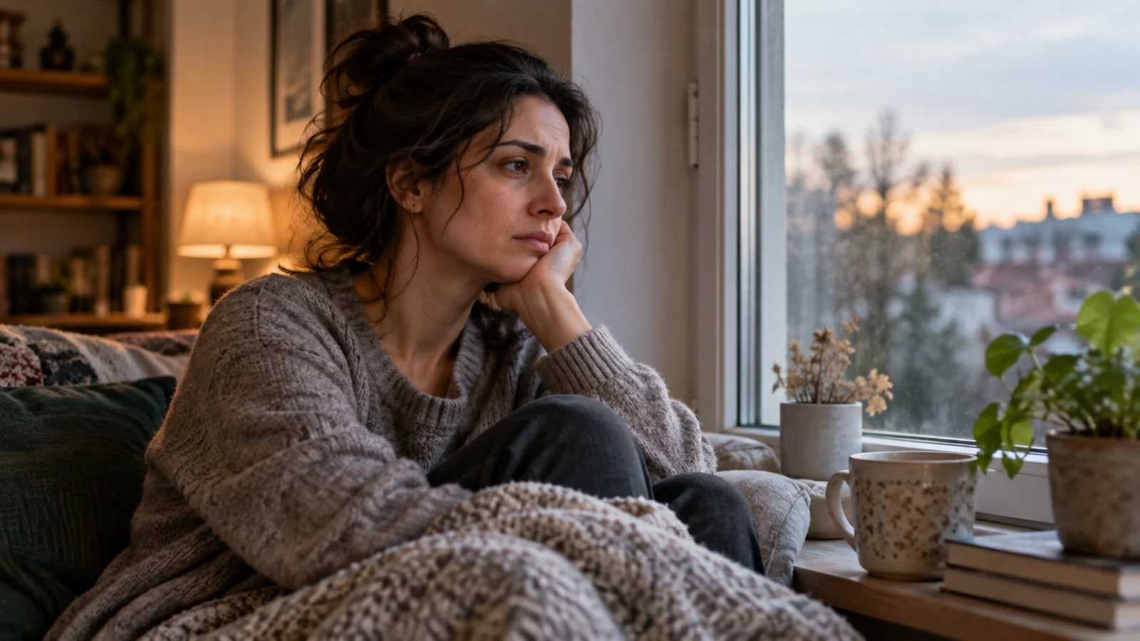 زن جوان کنار پنجره با حالت خستگی و غم برای مقاله تفاوت غم، افسردگی و فرسودگی